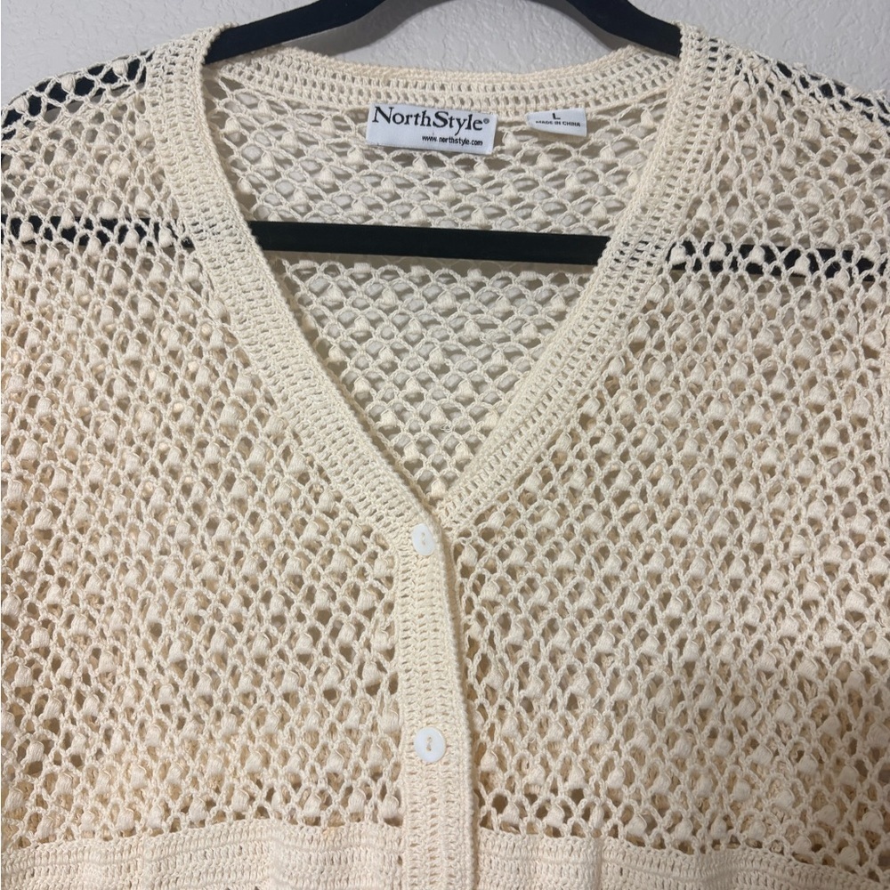 NorthStyle Cream‎ Crochet Open Knit Coastal Boho Cardigan Scalloped Edges Beaded - Picture 7 of 16